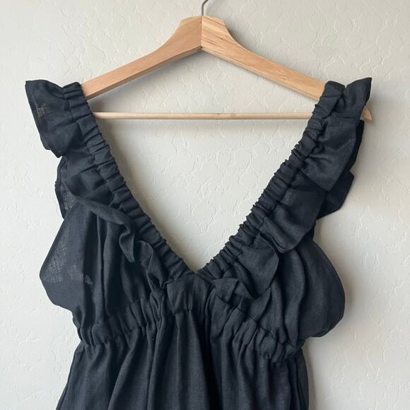 Harly Jae Dress Milos Black Linen Ruffled V-Neck Minimalist Maxi Dress Size L‎ - Picture 3 of 11